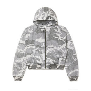 OEM Sweats à capuche personnalisés avec fermeture éclair en éponge française Streetwear Boxy Fit de camouflage recadrée en diamant 480gsm Rhinestone brodé lourd - Product Image 3