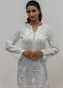 Nueva llegada de verano túnica bordada de viscosa estilo sin esfuerzo para mujeres con vestido de túnica Midi de cuello de diseñador de manga larga a la moda - Product Image 5