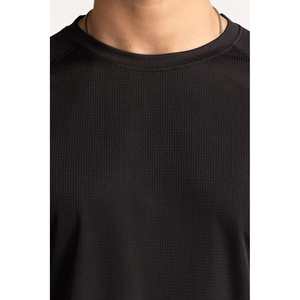 Black Textured Knit O-Neck T-<b>Shirt</b> 220 GSM Polyester Breathable Screen Printed Logo Short Sleeve Casual Streetwear Custom - Product Image 3