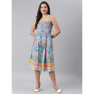 Turquoise Blue Tropical Printed Smocked Fit Flare <b>Dress</b> With Shrug - Product Image 3