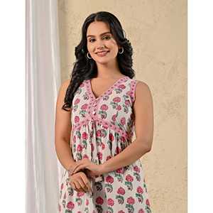 Vestido de Algodón Mulmul con Estampado Floral Rojo y Blanco, Estilo Butta Block, Elegante y Casual, Disponible en Tallas XS-XXL, Ideal para el Día, la Playa, Fiestas, Club, Transpirable - Product Image 1