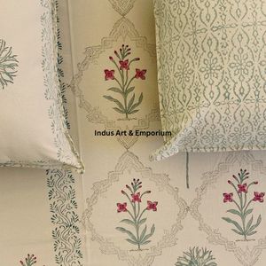 Juego de Sábanas Planas con Estampado Artesanal Sanganeri de la India, con Funda de Almohada, 300 Hilos, 100% Algodón, para Uso Hotelero - Product Image 6
