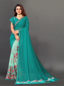 Saree en georgette à imprimé floral pour femmes avec chemisier non cousu Vêtements traditionnels indiens ethniques pour adultes pour mariages - Product Image 2