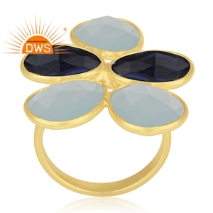 Venta caliente plata esterlina 18K chapado en oro corindón natural azul y aguamarina Calcedonia piedra preciosa Fabricación de joyería personalizada - Product Image 1