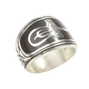 Men's 925 Sterling <b>Silver</b> Cluster <b>Ring</b> with Ottoman Tughra Engraving Rhodium Plating Casual Style Free Size Gift for Muslims - Product Image 2