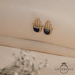 NOVAMART Fine Silverings 925 Sterling <b>Silver</b> Hamsa Lapis Lazuli <b>Stud</b> and Drop Earrings Vintage Style with 18K Gold Freshwater Pe - Product Image 3