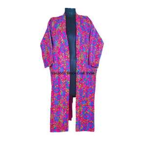 Indian Handmade Organic Kantha Quilted Kimono Jacket <b>for</b> <b>Women</b> Eco-Friendly Cotton Floral Print <b>Spring</b> Autumn Sleepwear Robe - Product Image 2