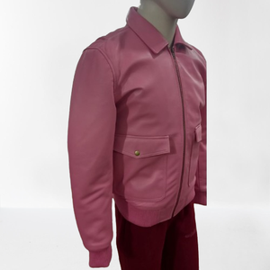 Light Weight Pink Leather <b>Jacket</b> Durable Casual Plain Windproof Pure Leather <b>Jacket</b> With Two Front Pockets. - Product Image 2