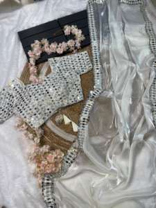 Véritable Miroir Broderie Travail Designer Satin Organza Saree Blanc Pour La Fête De Mariage Diwali Festival Vêtements Exclusifs Pour Femmes Fille - Product Image 5