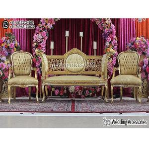 Sofá y sillas de decoración de escenario Nikkah musulmán, conjunto de sofá de escenario de boda con tema marroquí, muebles de boda tallados pulidos dorados - Product Image 1