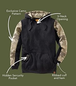 Sweat à capuche noir en molleton pour hommes avec manches camouflage Pull d'extérieur personnalisé avec poche de sécurité et ourlet côtelé Sweats à capuche Streetwear camouflage - Product Image 3