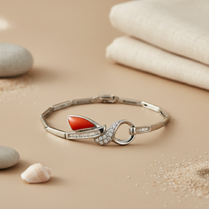 Pulsera de Plata con Coral y Diamantes para Mujer, Elegante Joyería de Regalo, Elegantes Brazaletes de Diamantes - Product Image 1