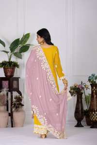 Haute qualité jaune Faux Georgette tissu élégant indien pakistanais femmes costume haut pour mariages Festivals et fêtes Palazzo - Product Image 3