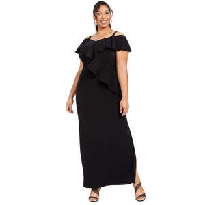 เดรสยาวทรงเข้ารูปผ้าเครปสำหรับผู้หญิงไซส์พลัส ยี่ห้อ Adrianna Papell สีดำ แต่งระบายช่วงไหล่ ดีไซน์เอวธรรมชาติ ไซส์ 18 - Product Image 1