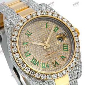 Reloj de diamantes de moissanita de dos tonos de 40mm de la mejor calidad, acento dorado con número romano verde único, esfera analógica, estilo antiguo de lujo - Product Image 3