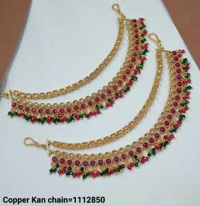 Indian Gold Plated Traditional Motipearl Kundan & Chain Stylish Golden Gold Plated Brass Long Ear <b>Hair</b> Chain Jewellery Earrings - Product Image 4