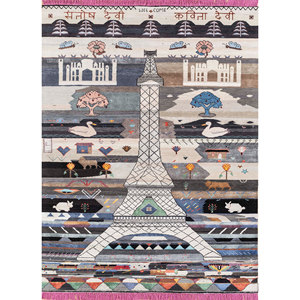 Tapis en laine et soie de bambou noué à la main, design bohème gris et noir, modèle Les-1626 - Product Image 1