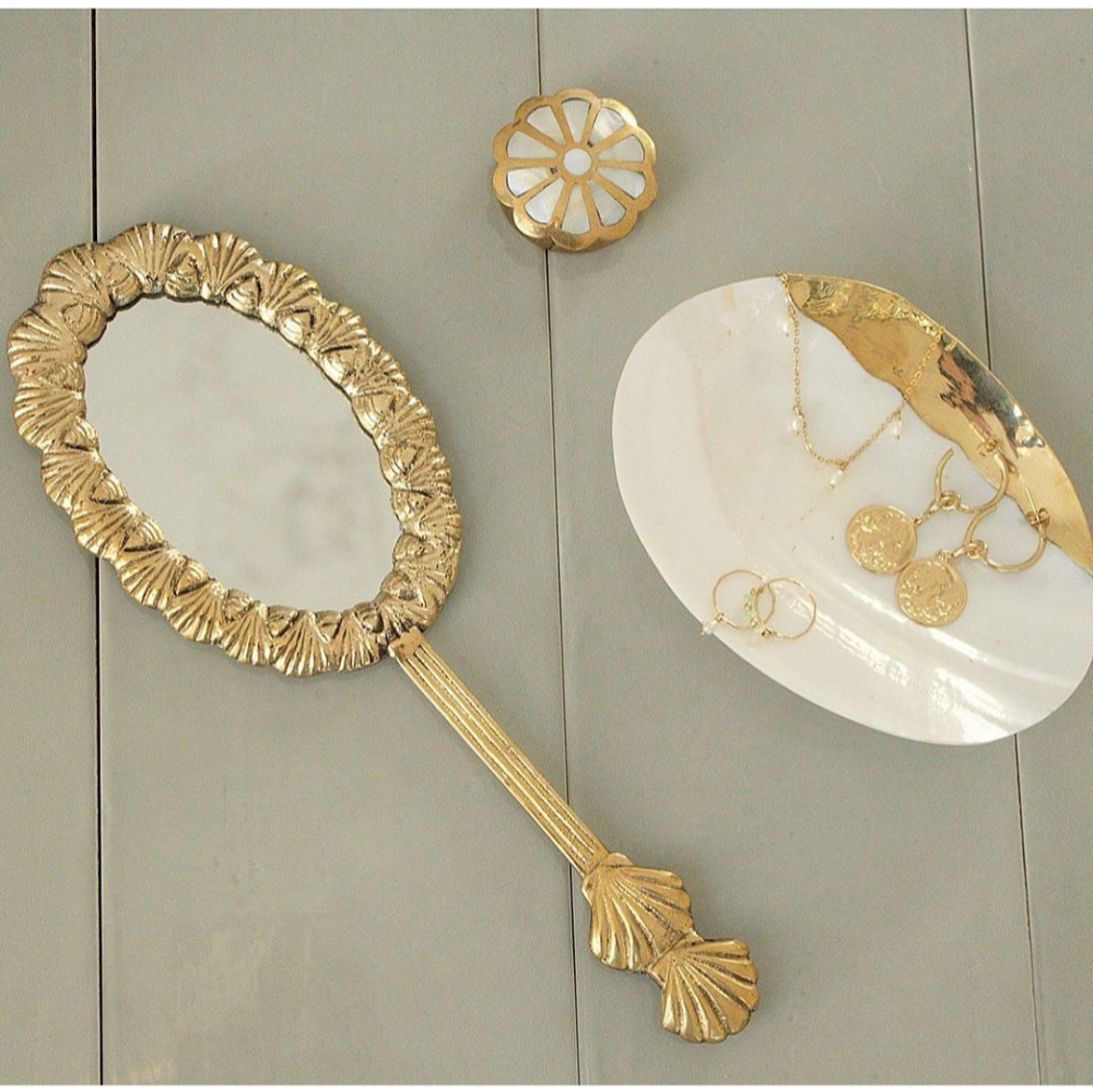 Vintage Gold Plated Hand Mirror Antique Design Round Metal Frame