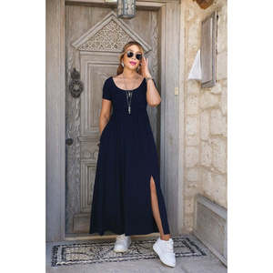 Women's Short-Sleeved Round Neck Front Slit Pocket <b>Viscose</b> Long <b>Dress</b>, 33073 - Blue - Product Image 1