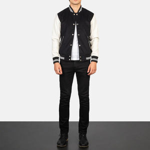 Veste Vaxton Hybrid Varsity à rayures noires, manches en cuir brodé et satiné, col montant, manteau d'hiver teint OEM de style vintage - Product Image 3
