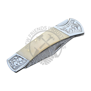 Couteau de poche à verrouillage arrière en acier damas manche en os blanc gravé HRC 58-60 352 couches Camping chasse EDC pochette en cuir bricolage OEM - Product Image 5