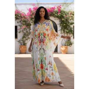 Robe maxi longue à imprimé floral pour femmes avec col en V, taille naturelle, tissu lavable - Vêtement décontracté pour les vacances d'été - Product Image 1