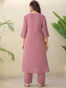 <b>women</b> ethnic Pink Floral Embroidered Round Neck Pure Silk Straight Kurta With <b>Trousers</b> & Dupatta indian pakistan salwar kameez - Product Image 5