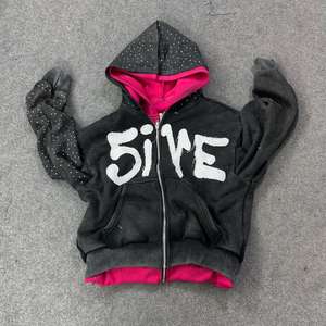 Sweat à capuche pour homme en coton 100% lavé et délavé noir, surdimensionné, entièrement personnalisé, avec fermeture éclair, style streetwear, lettres en strass, sans cordon de serrage - Product Image 5