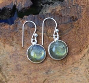Étincelant Naturel Doré Flashy Labradorite 10mm Cabochon Rond Solide 925 Argent Sterling Lunette Réglage Dangle Drop Boucle D'oreille - Product Image 3