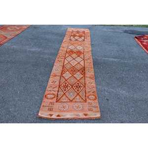 พรมวิ่งสไตล์ตุรกีขนาด 2.6x12 ฟุต สีส้มน้ำตาล วินเทจ ลายออมเบร ทำจากขนสัตว์ - Product Image 1