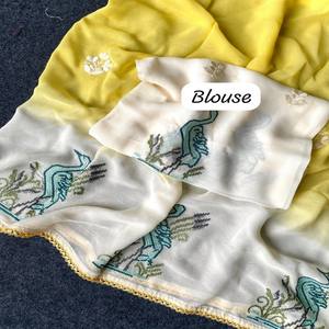 Sari VASTRA COTTAGE Premium de Georgette con Estampado de Color en Toda la Superficie, Borde de Encaje Bordado, Bordado de Cisne y Blusa Combinada - Product Image 5