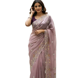 Sari de Georgette de Seda y Viscosa con Bordado a Mano Exquisito y Drapeado en un Minuto, con Blusa en Contraste, Elástico y Resistente a la Humedad - Product Image 1