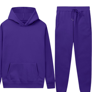 ชุดวอร์มฮู้ดดี้สีม่วงพร้อมกางเกงจ็อกเกอร์สำหรับผู้ชายและผู้หญิง เสื้อผ้าลำลองสำหรับฤดูหนาว ชุดกีฬา ขายส่ง ผู้ผลิต OEM รับทำโลโก้ตามสั่ง - Product Image 2