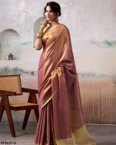 Elegante sari de seda dorada para mujer, 5.5 metros de largo, blusa de 0.8 metros de largo, borde en verde oliva en contraste, premium para bodas - Product Image 6