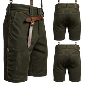 Pantalones Cortos Bávaros de Gamuza Verde Oliva Oscuro Personalizados, Pantalones Cortos de Cuero Tradicionales Bordados para Oktoberfest, Fabricante OEM - Product Image 2