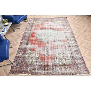 Turkish Vintage <b>Wool</b> Rug 6.6x10 ft Large Rug <b>Red</b> White Floral Patchwork Latex Backing - Product Image 4