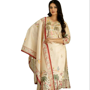Tela de seda Assam de viscosa pura con bordado hasta la rodilla Kurti y parte inferior con juego Dupatta de SHREE INDIAN EXPORTS - Product Image 1