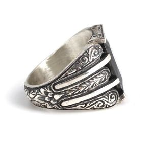 925 Sterling Silver Handcrafted Men's <b>Ring</b> with Rectangular Onyx Stone and Pen Design Bezel Setting Gift - Product Image 3