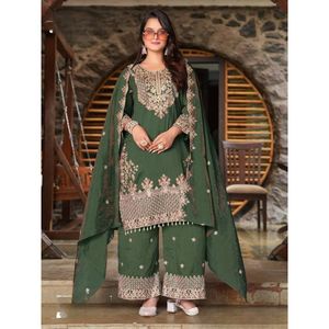 Elegante Vichitra bordado Salwar Kameez a juego Plazzo bordado Dupatta para fiesta moda étnica que absorbe la humedad - Product Image 1