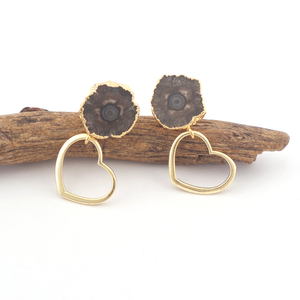Beautiful collection black solar quartz with hanging golden heart shape charm stud <b>drop</b> earring wholesale brass jewelry supply - Product Image 2