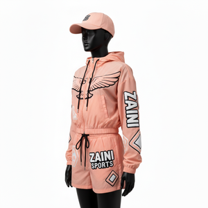 Ensemble short coupe-vent pour femmes Tissu tissé en polyester respirant Couleur pêche Logo en chenille personnalisé Ensemble short coupe-vent grande taille - Product Image 4