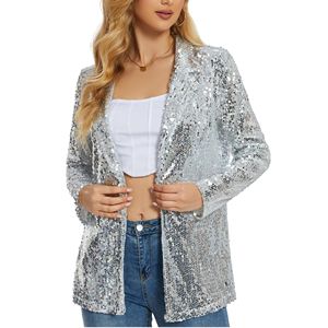 Veste blazer à paillettes de style court à simple boutonnage pour femme pour l'automne, le printemps et l'hiver Produit fini de couleur unie - Product Image 1
