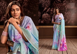 Rajpath Pure Hand loom Silk avec une incroyable bordure à rayures numériques florales et saris - Product Image 3