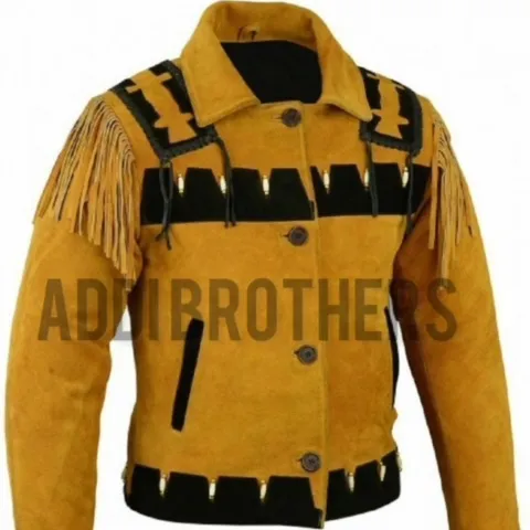 Men Golden Suede Western Cowboy Leather Jacket Fringe & Bread Work - Best Design 2023