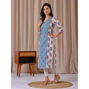 Grey Blue Block Printed Cotton Straight Fit Kurti Casual Style with Natural Waistline Breathable Feature - Product Image 5