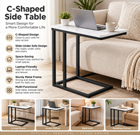 Table d'appoint moderne en bois MDF blanc étroit en forme de C avec piètement en métal et acier inoxydable pour canapé, lit ou salon – Luxe