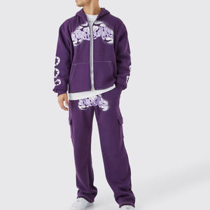 Custom Boxy Fit Doble PURPLE CHÁNDAL Baggy Oversized French Terry Cotton Sweatsuit Pantalones de chándal y ZIPPER Hoodie Set para hombres - Product Image 2