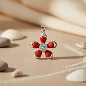 Pendentif en argent 925 avec fleur de corail rouge pour femmes - Bijoux plaqués rhodium, cadeau - Product Image 3