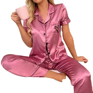 Pyjama en satin de soie pour femmes, tailleur, robe, costume de couple, vêtements de détente pour femmes, ensemble 2 pièces - Product Image 1
