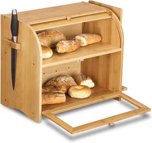 Double Layer <b>Large</b> Roll Top Bread Box for Kitchen Counter, Retro Design Wooden <b>Large</b> Capacity Bread Storage <b>Bin</b> (Natural) - Product Image 2